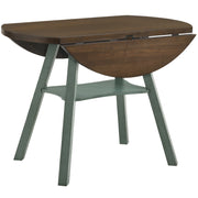 Right-angled rustic wood drop-leaf dining table with a wood finish top, colored base, and leaves dropped on a white background