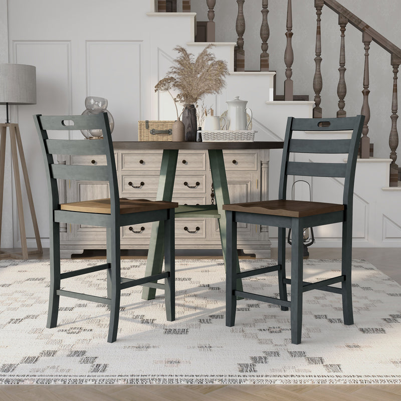 Antique grey ladderback counter height chair against a white background.