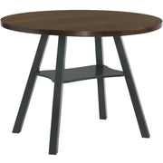 Front-facing rustic wood drop-leaf dining table with a wood finish top and colored base on a white background