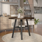 Right-angled rustic wood drop-leaf dining table with a wood finish top and colored base in a casual breakfast nook with accessories