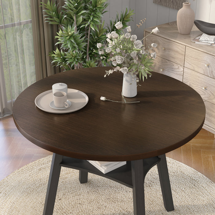 Top view rustic wood drop-leaf dining table with a wood finish top and colored base in a casual breakfast nook with accessories