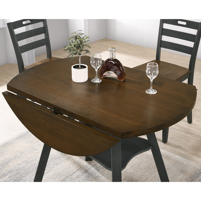 Top view rustic wood drop-leaf dining table with a wood finish top and colored base with two chairs and leaves dropped down