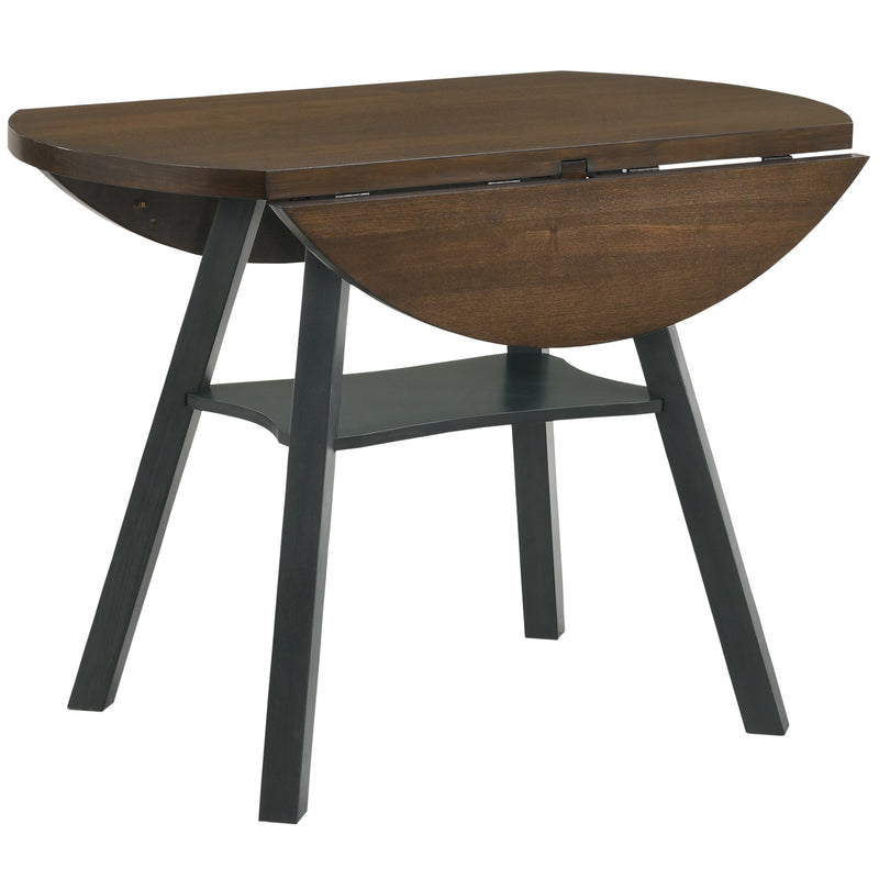 Right-angled rustic wood drop-leaf dining table with a wood finish top, colored base, and leaves dropped on a white background