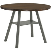 Right-angled rustic wood drop-leaf dining table with a wood finish top and colored base on a white background