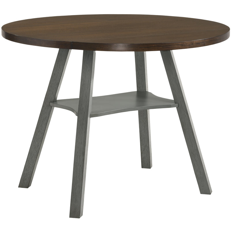 Right-angled rustic wood drop-leaf dining table with a wood finish top and colored base on a white background