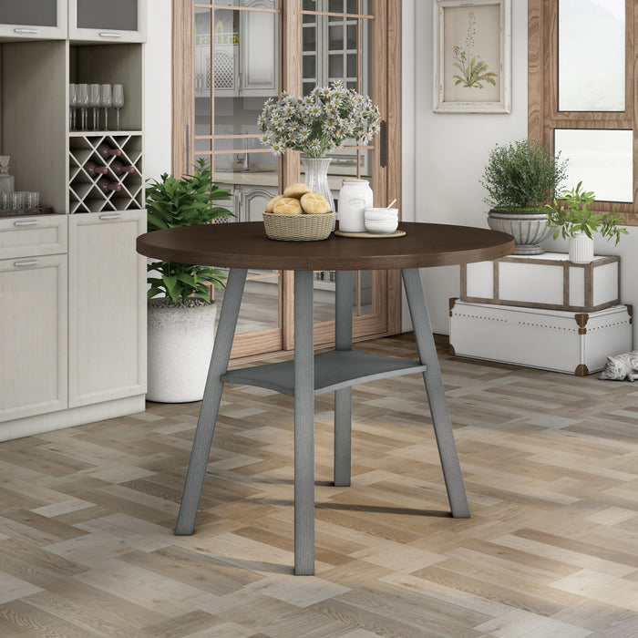 Right-angled rustic wood drop-leaf dining table with a wood finish top and colored base in a casual breakfast nook with accessories