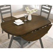 Top view rustic wood drop-leaf dining table with a wood finish top and colored base with two chairs and leaves dropped down