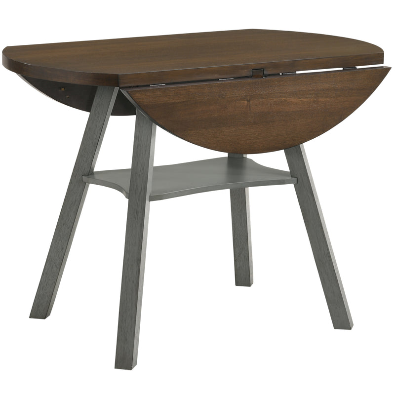 Right-angled rustic wood drop-leaf dining table with a wood finish top, colored base, and leaves dropped on a white background