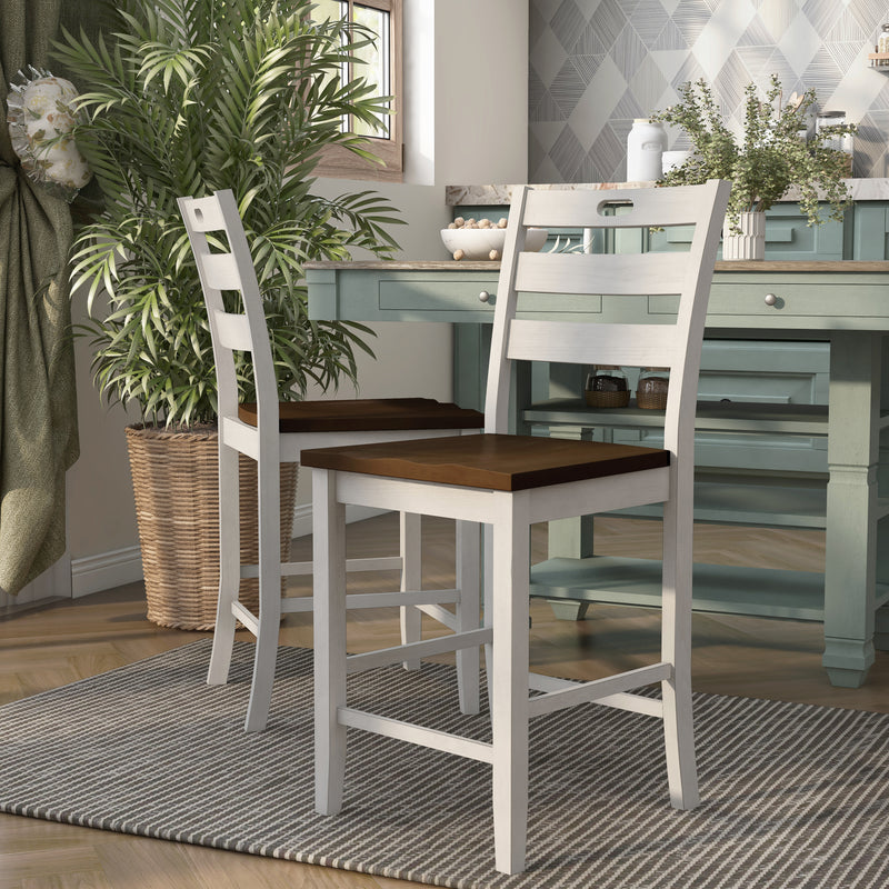 Sea white ladderback counter height chair against a white background.