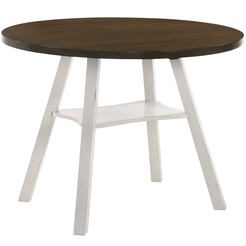 Front-facing rustic wood drop-leaf dining table with a wood finish top and white base on a white background