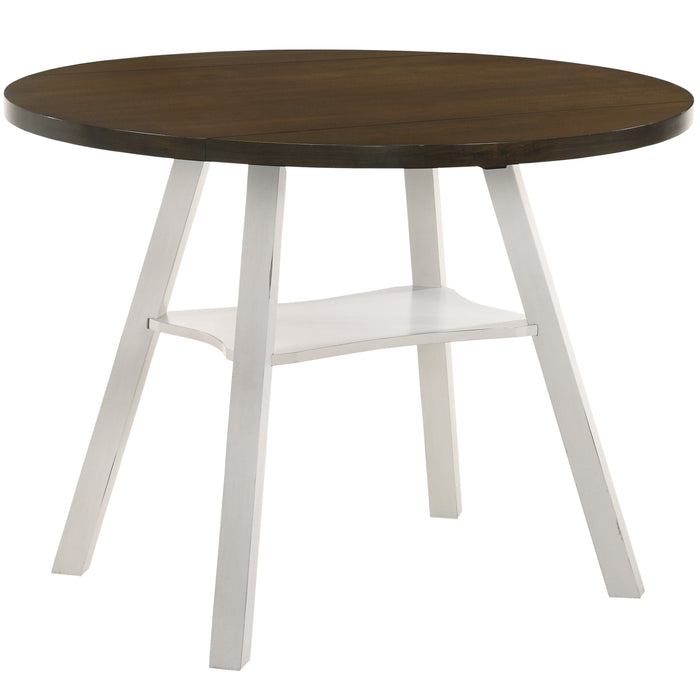 Front-facing rustic wood drop-leaf dining table with a wood finish top and white base on a white background