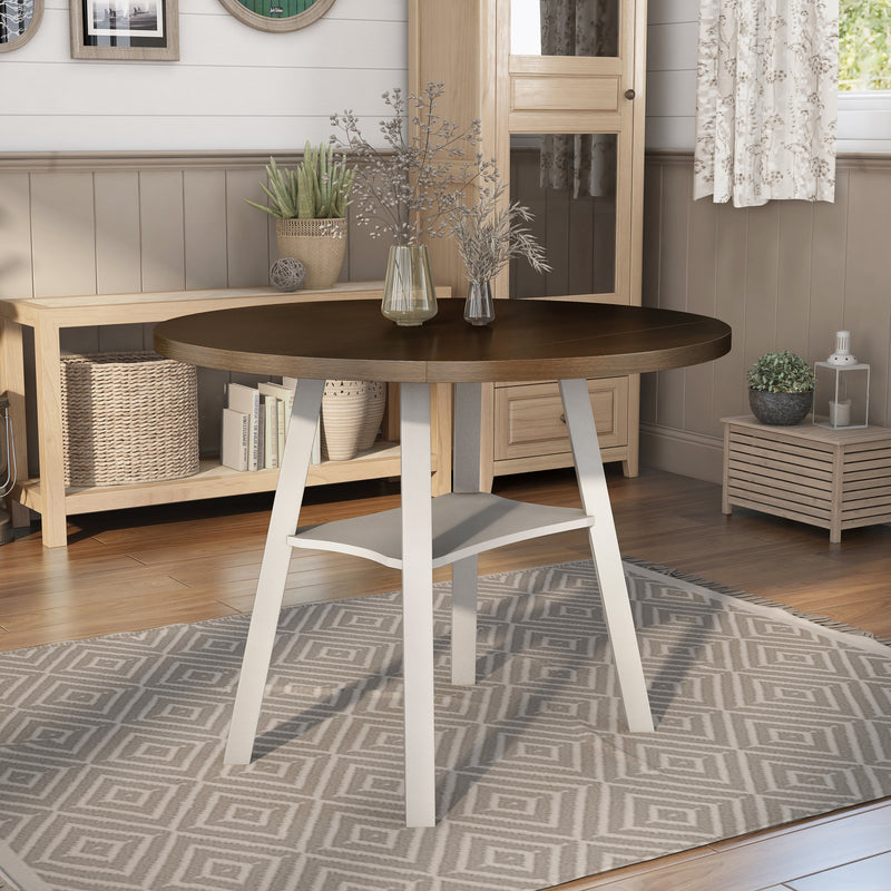 Right-angled rustic wood drop-leaf dining table with a wood finish top and white base in a casual breakfast nook with accessories