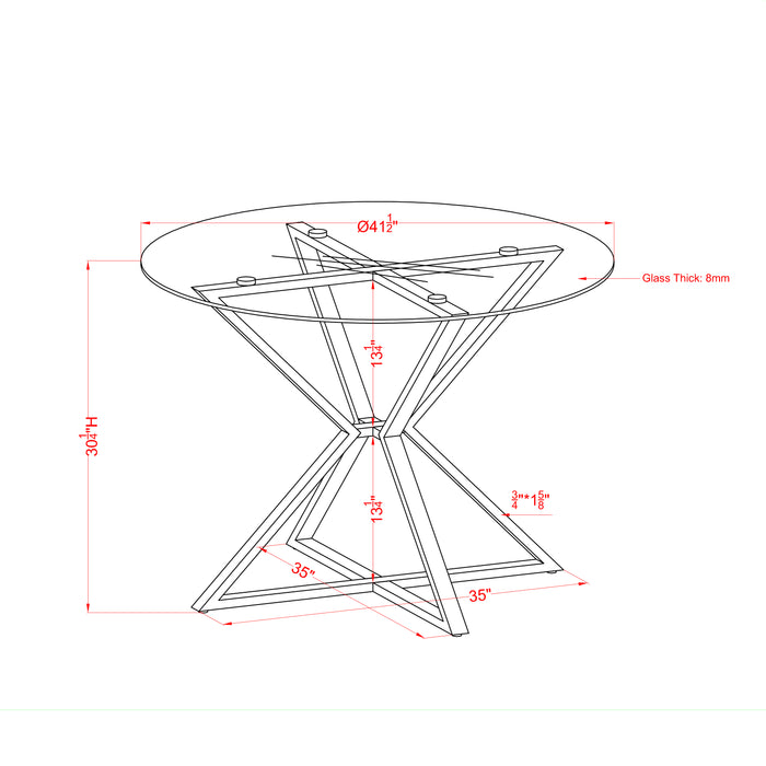 Line drawing modern glam dining table with included dimensions on a white background