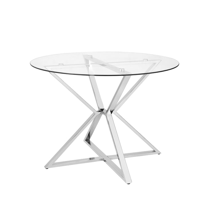 Front-facing modern glam dining table with a two-tone clear and chrome finish and bold, geometric base on a white background