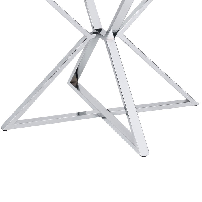 Left-angled modern glam dining table base only in chrome on a white background