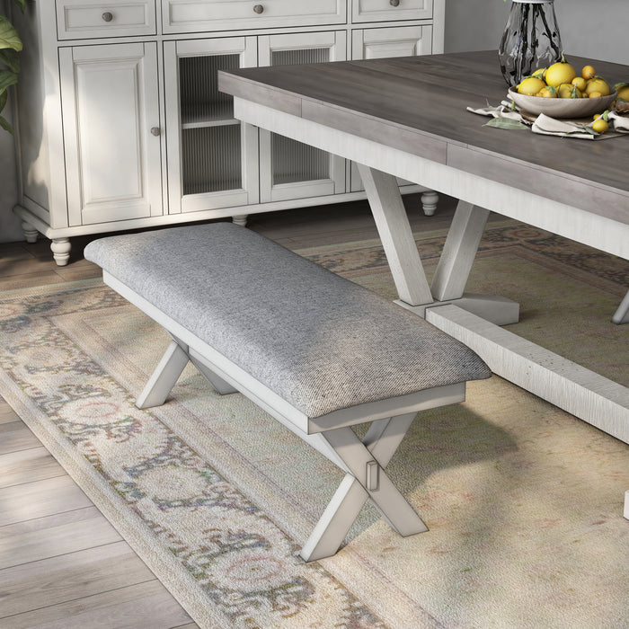 Espinoza Antique White & Grey Linen Upholstered Trestled Dining Bench