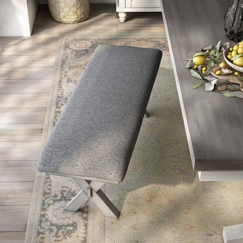 Espinoza Antique White & Grey Linen Upholstered Trestled Dining Bench