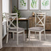 Front-facing and back angled view contemporary antique white side chair with gray fabric with accessories
