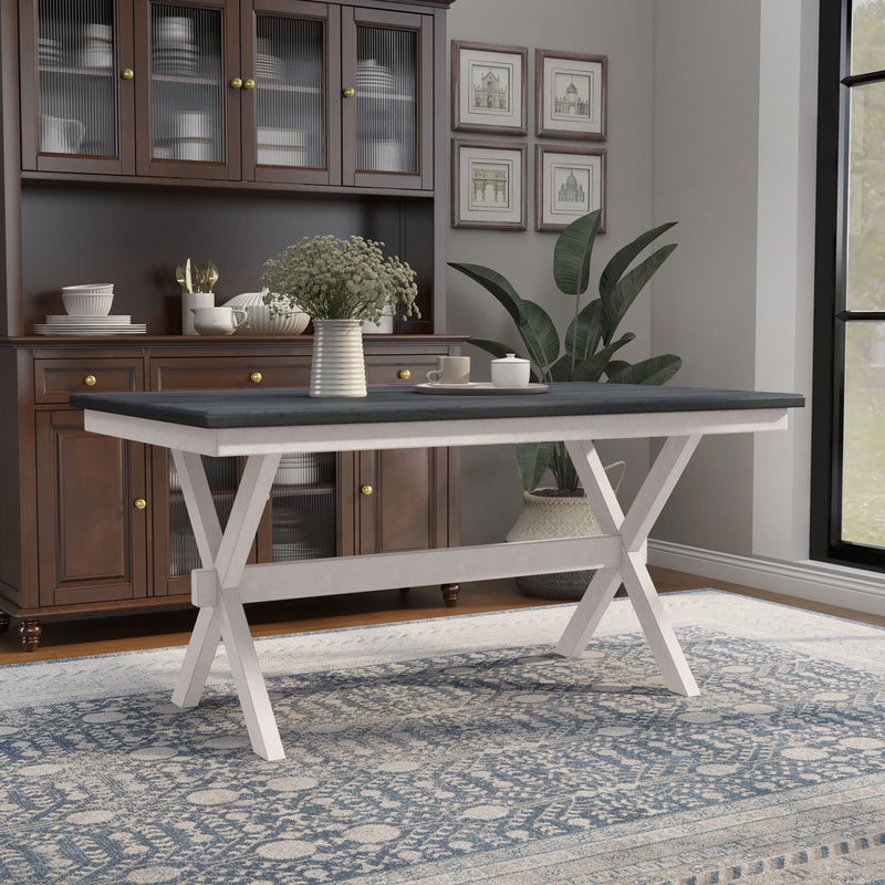 Right angled contemporary antique white and gray dining table with an X-cross base in a dining room with accessories