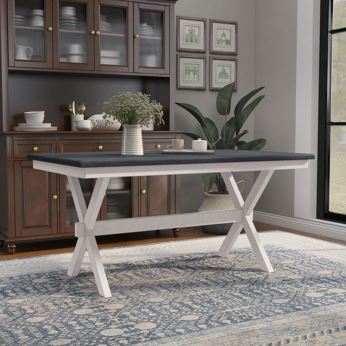 Right angled contemporary antique white and gray dining table with an X-cross base in a dining room with accessories