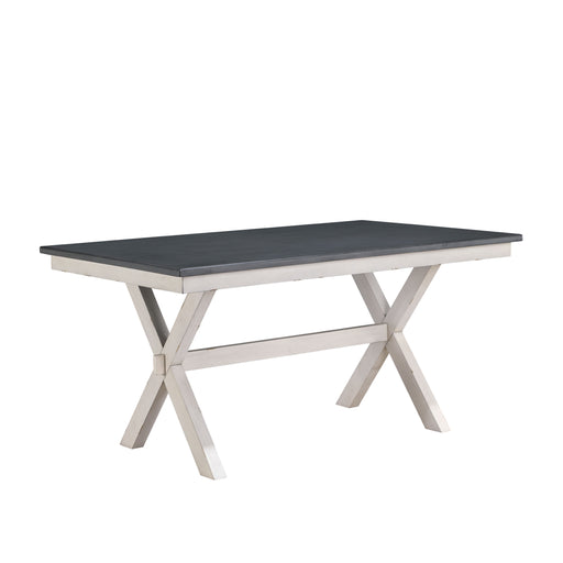 Right angled contemporary antique white and gray dining table with an X-cross base on a white background