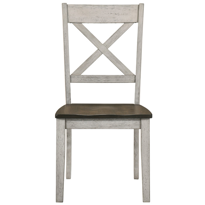 Front-facing rustic tall dressernut and antique white X-back dining chair on a white background