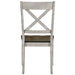 Front-facing back view rustic tall dressernut and antique white X-back dining chair on a white background