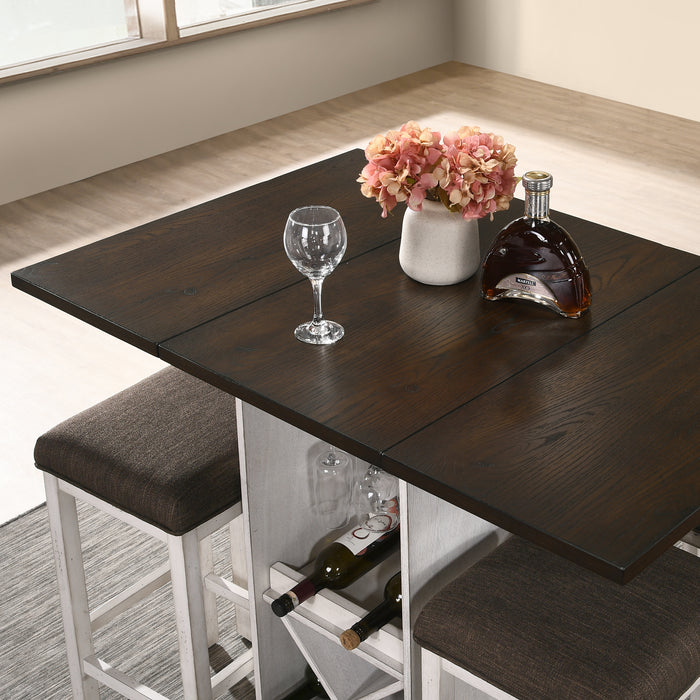 Left angled top-down view of country dark walnut and antique white counter table with raised drop leaves in a dining room with matching barstools