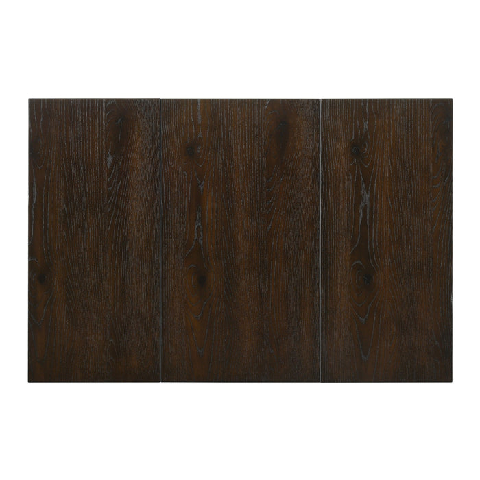 Top-down close-up detail view of dark walnut finish table top with leaves on country counter table on a white background