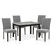 Right angled five-piece faux white marble and brushed brown gray dining set with chairs on a white background