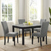 Right angled five-piece faux white marble and brushed brown gray dining set with chairs in a dining room with accessories