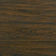 Swatch of dark oak finish for round tabletop of rustic antique white trestle dining table