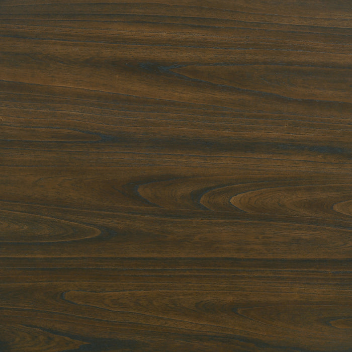 Swatch of dark oak finish for round tabletop of rustic antique white trestle dining table