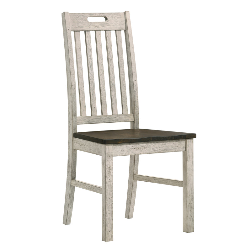 Right angled view of rustic antique white slat back dining chair with dark oak seat on a white background