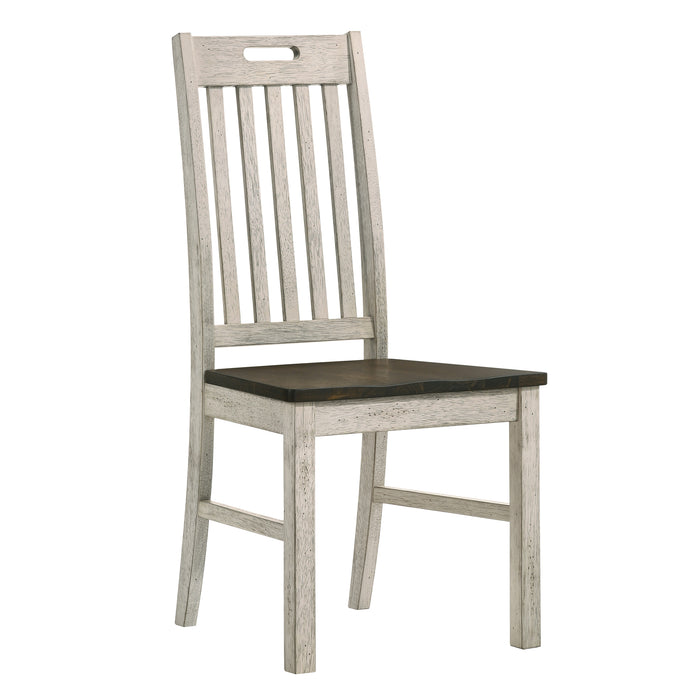 Right angled view of rustic antique white slat back dining chair with dark oak seat on a white background 