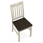 Right angled top-down view of rustic antique white slat back dining chair with dark oak seat on a white background