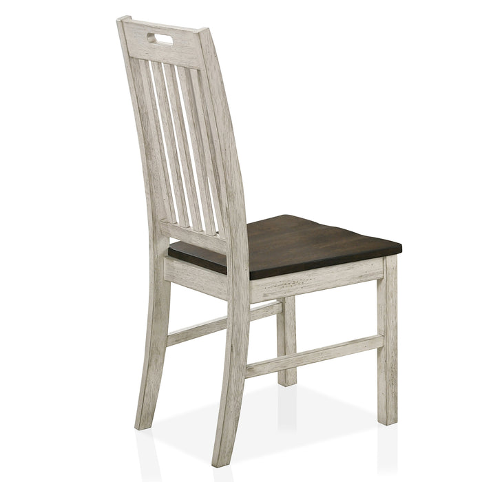 Right angled back-facing view of rustic antique white slat back dining chair with dark oak seat on a white background