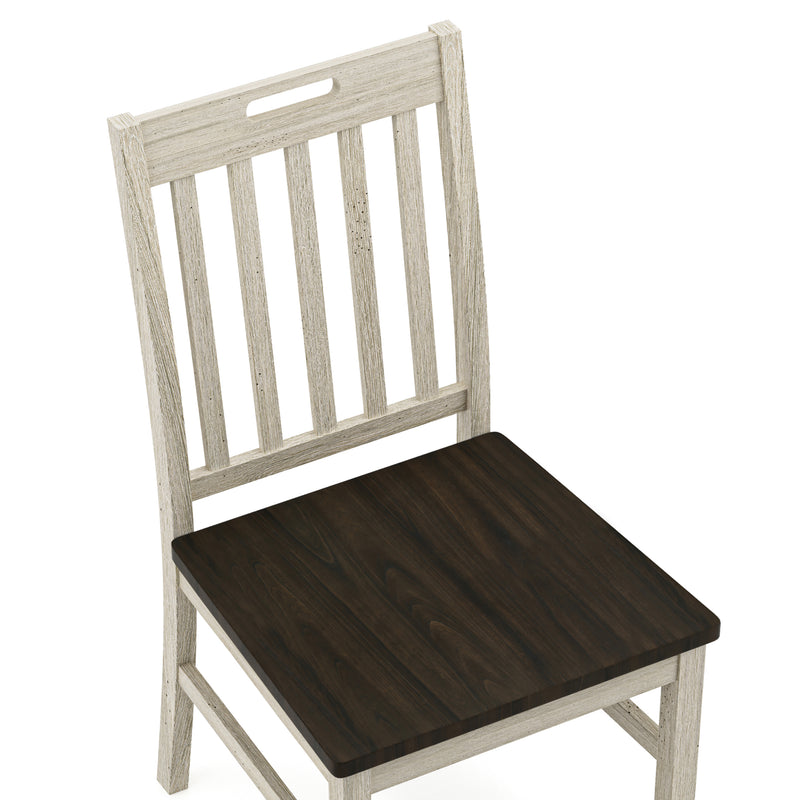Top-down close-up view of rustic antique white slat back dining chair with dark oak seat on a white background