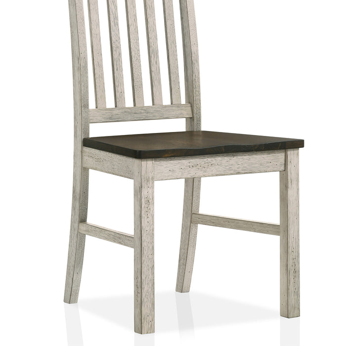 Right angled close-up view of rustic antique white slat back dining chair with dark oak seat on a white background 