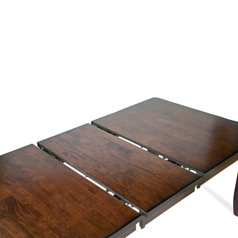 Right-angled top view rectangular wood dining table with an open extension leaf on a white background