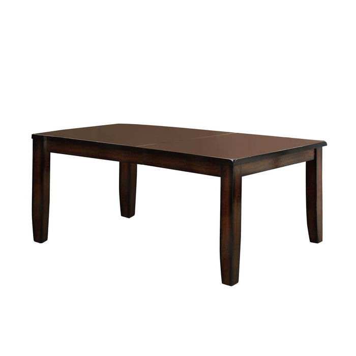 Left-angled rectangular wood dining table with tapered post legs on a white background
