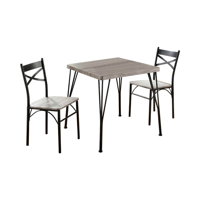 Right-angled three-piece casual bistro set with a square table and two chairs on a white background