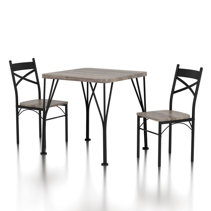 Left-angled three-piece casual bistro set with a square table and two chairs on a white background