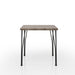 Front-facing side view square bistro table with split metal legs and gray wood grain tabletop on a white background
