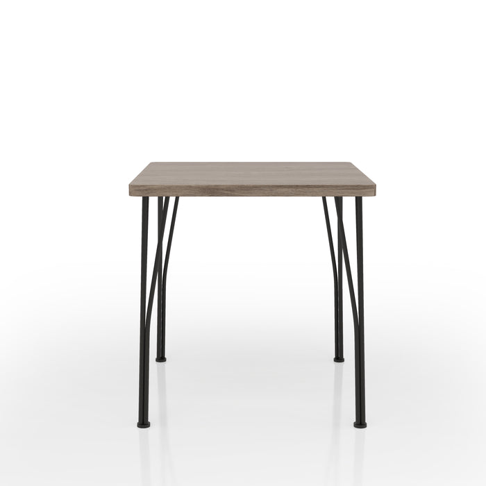 Front-facing square bistro table with split metal legs and gray wood grain tabletop on a white background