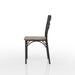 Front-facing side view casual bistro dining side chair with a gray wood seat and metal X-strap back on a white background