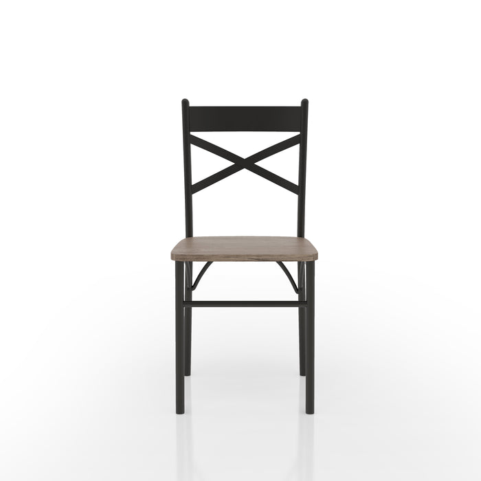Front-facing casual bistro dining side chair with a gray wood seat and metal X-strap back on a white background