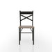 Front-facing casual bistro dining side chair with a gray wood seat and metal X-strap back on a white background