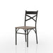 Left-angled casual bistro dining side chair with a gray wood seat and metal X-strap back on a white background
