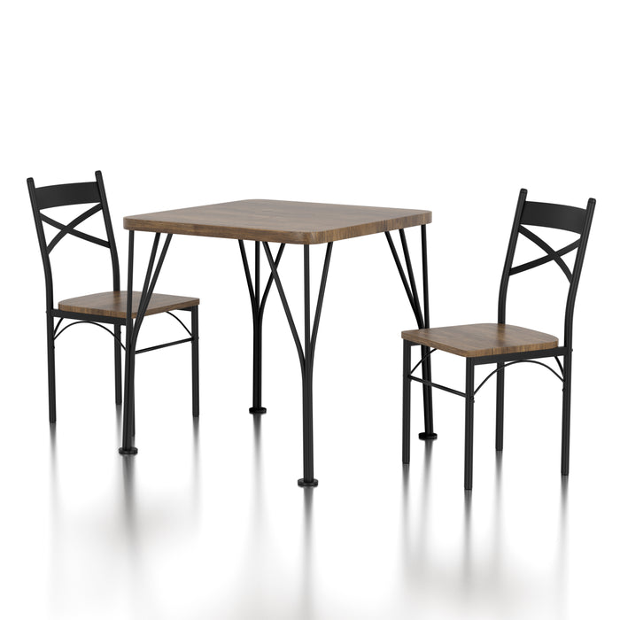 Left-angled three-piece casual bistro set with a square table and two chairs on a white background